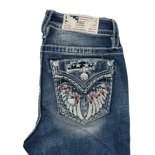 Pantalon Jean Miss Me Femme - Taille 27 - Coupe Bootcut Bleu Avec Strass Signature - Occasion TB